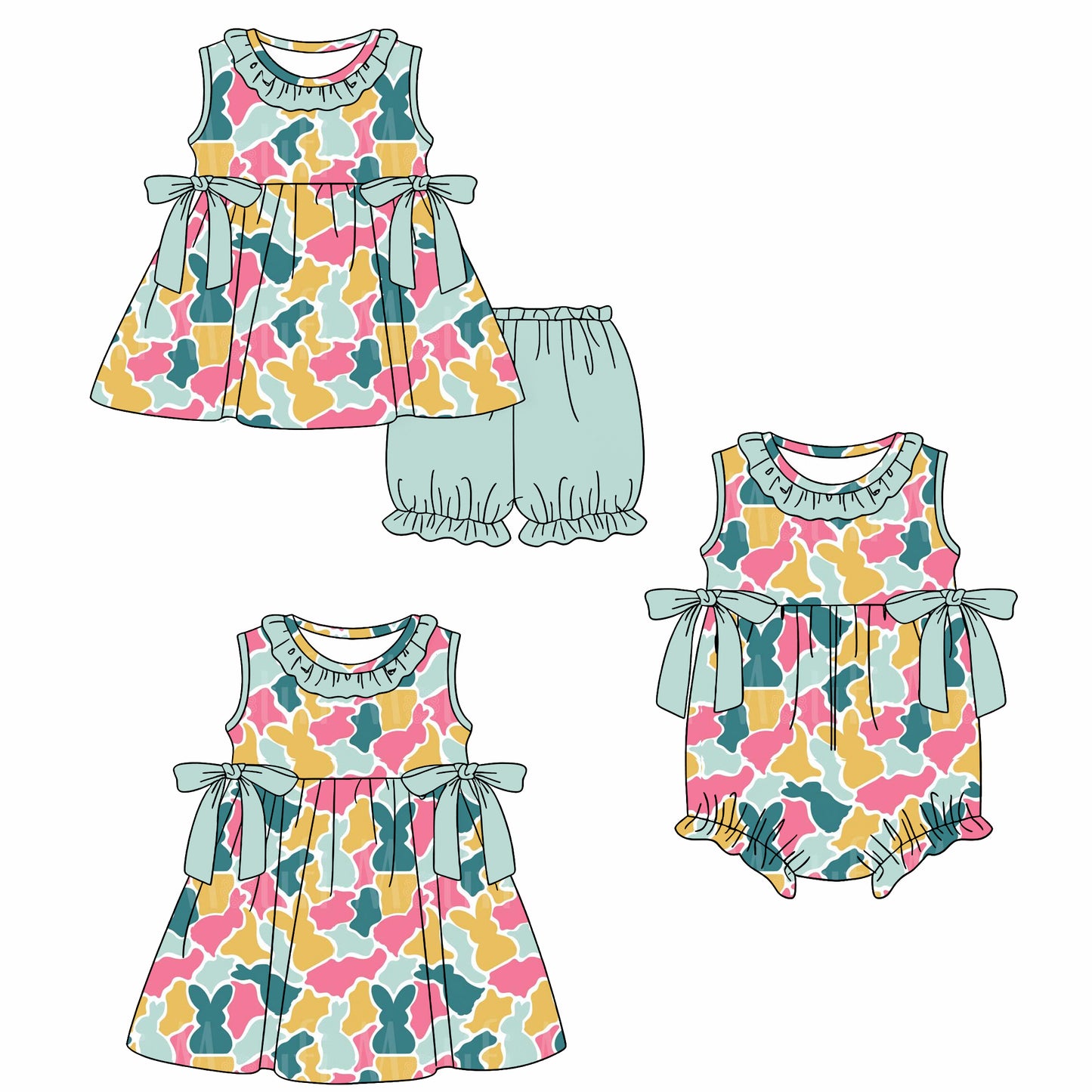 26.1.15 Custom MOQ:3 or 5 pcs each design milk silk Sibling baby girl clothes camouflage bunny short sleeve shorts sets and dress and romper