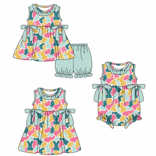 26.1.15 Custom MOQ:3 or 5 pcs each design milk silk Sibling baby girl clothes camouflage bunny short sleeve shorts sets and dress and romper