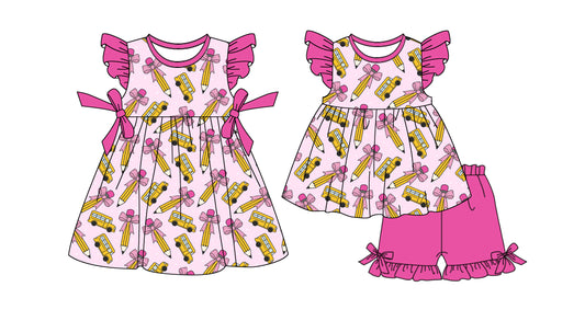 26.1.19 Custom MOQ:3 or 5 pcs each design milk silk Sibling baby girl clothes pencil bow short sleeve shorts sets and dress