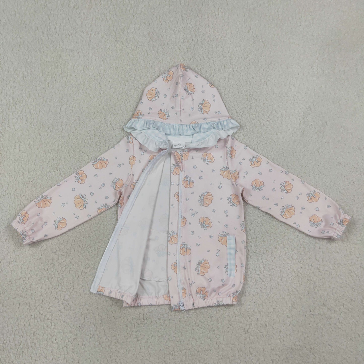 GT1660 Kids Clothing Baby Girls Long Sleeve Flowers Pumpkins Fall Zip Pockets Ruffle Hoodies Jackets Top