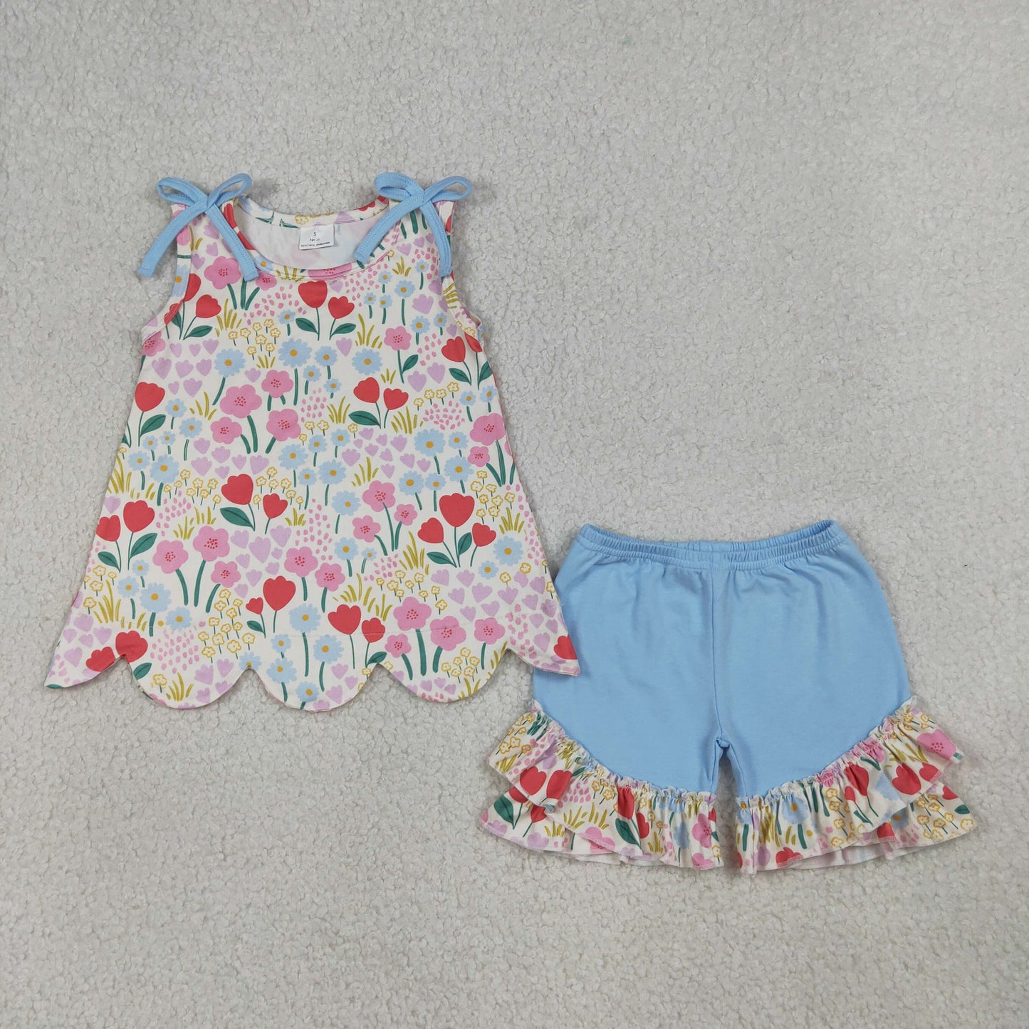 GSSO3390 Kids Baby Girls Sleeveless Colorful Flowers Scallop Tunic Ruffle Shorts Clothes Set