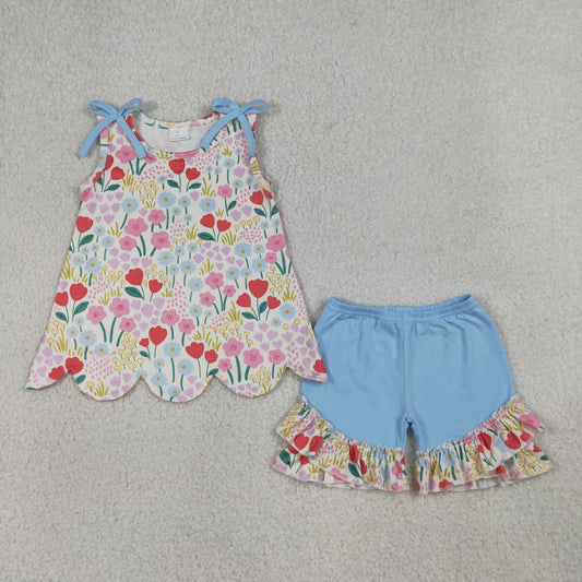 GSSO3390 Kids Baby Girls Sleeveless Colorful Flowers Scallop Tunic Ruffle Shorts Clothes Set