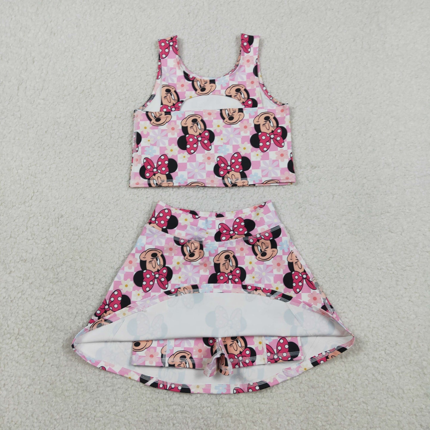 GSD2460 Kids Baby Girl Sleeveless Pink Plaid Cartoon Mouse Top Skort Yoga Set