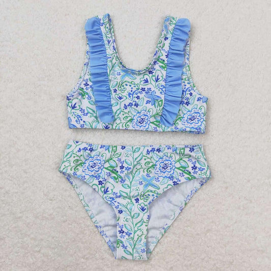 S0279 Floral blue and white lace bathing suit