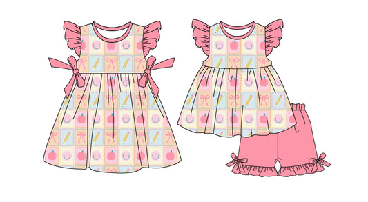 26.1.19 Custom MOQ:3 or 5 pcs each design milk silk Sibling baby girl clothes pencil apple bow short sleeve shorts sets and dress
