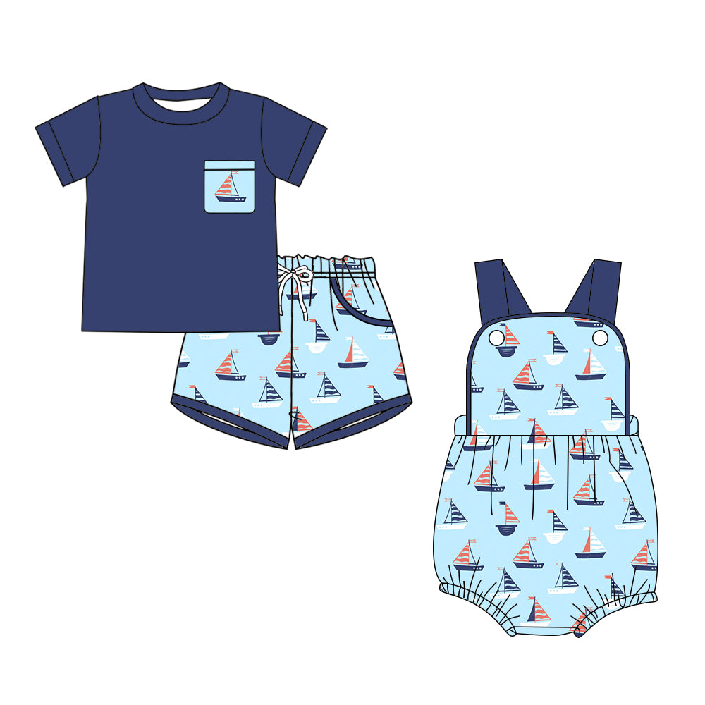 26.1.6 Custom MOQ:3 or 5 pcs each design milk silk Sibling baby boy clothes boat short sleeve shorts sets and romper
