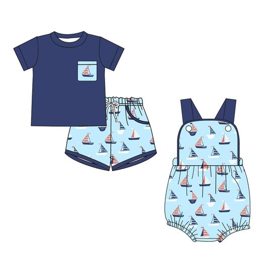 26.1.6 Custom MOQ:3 or 5 pcs each design milk silk Sibling baby boy clothes boat short sleeve shorts sets and romper