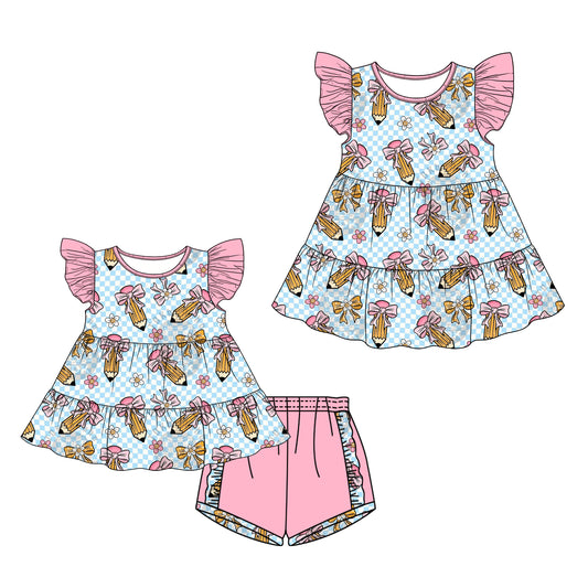 26.1.1 Custom MOQ:3 or 5 pcs each design milk silk Sibling baby girl clothes pencil bow short sleeve shorts sets and dress