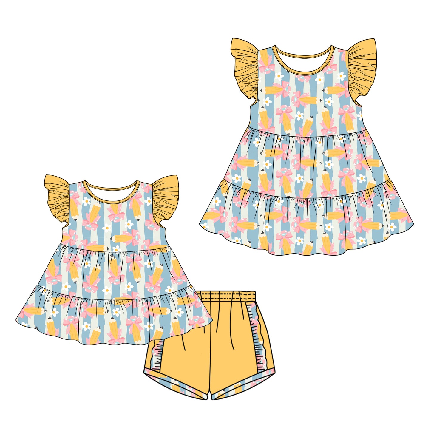 26.1.1 Custom MOQ:3 or 5 pcs each design milk silk Sibling baby girl clothes pencil bow short sleeve shorts sets and dress
