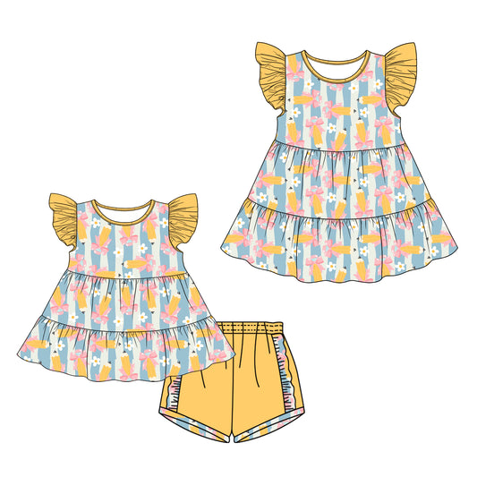 26.1.1 Custom MOQ:3 or 5 pcs each design milk silk Sibling baby girl clothes pencil bow short sleeve shorts sets and dress
