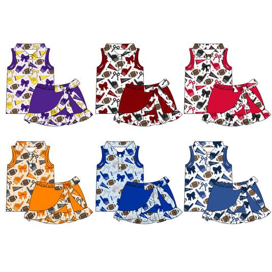 26.1.15 Custom MOQ:3 or 5 pcs each design milk silk Sibling baby boy girl clothes team bow short sleeve skirts sets 6