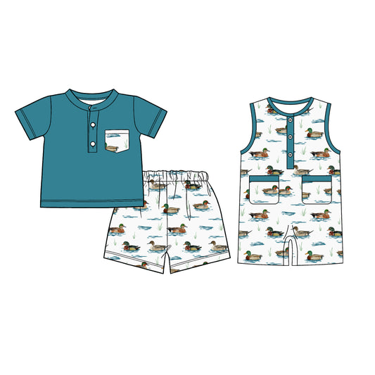 26.1.5 Custom MOQ:3 or 5 pcs each design milk silk Sibling baby boy clothes duck short sleeve shorts sets and romper