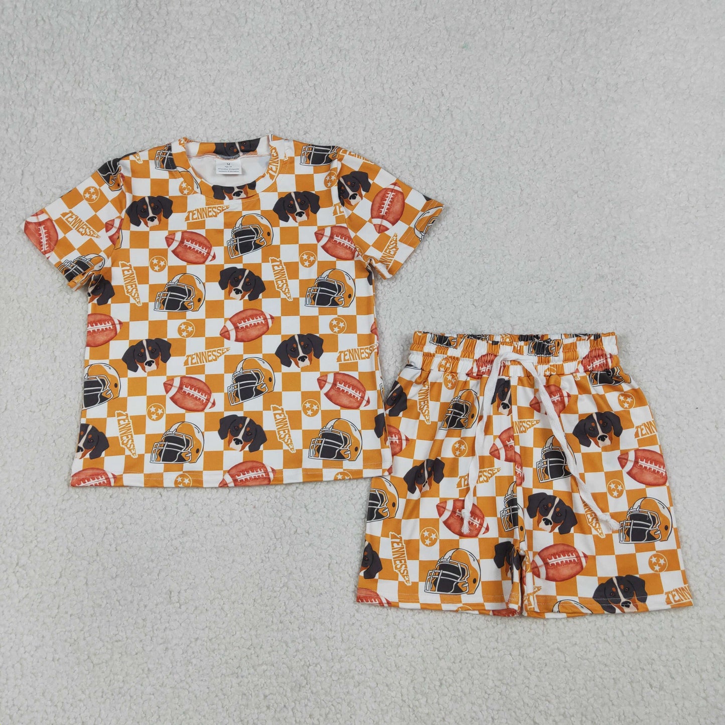 GSSO3161 Kids Baby Girls Orange Checked Football Tennessee Top Shorts Team Slouchy Sets