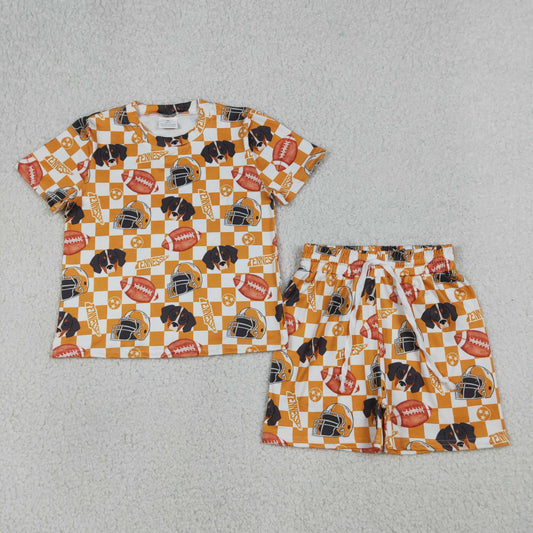 GSSO3161 Kids Baby Girls Orange Checked Football Tennessee Top Shorts Team Slouchy Sets