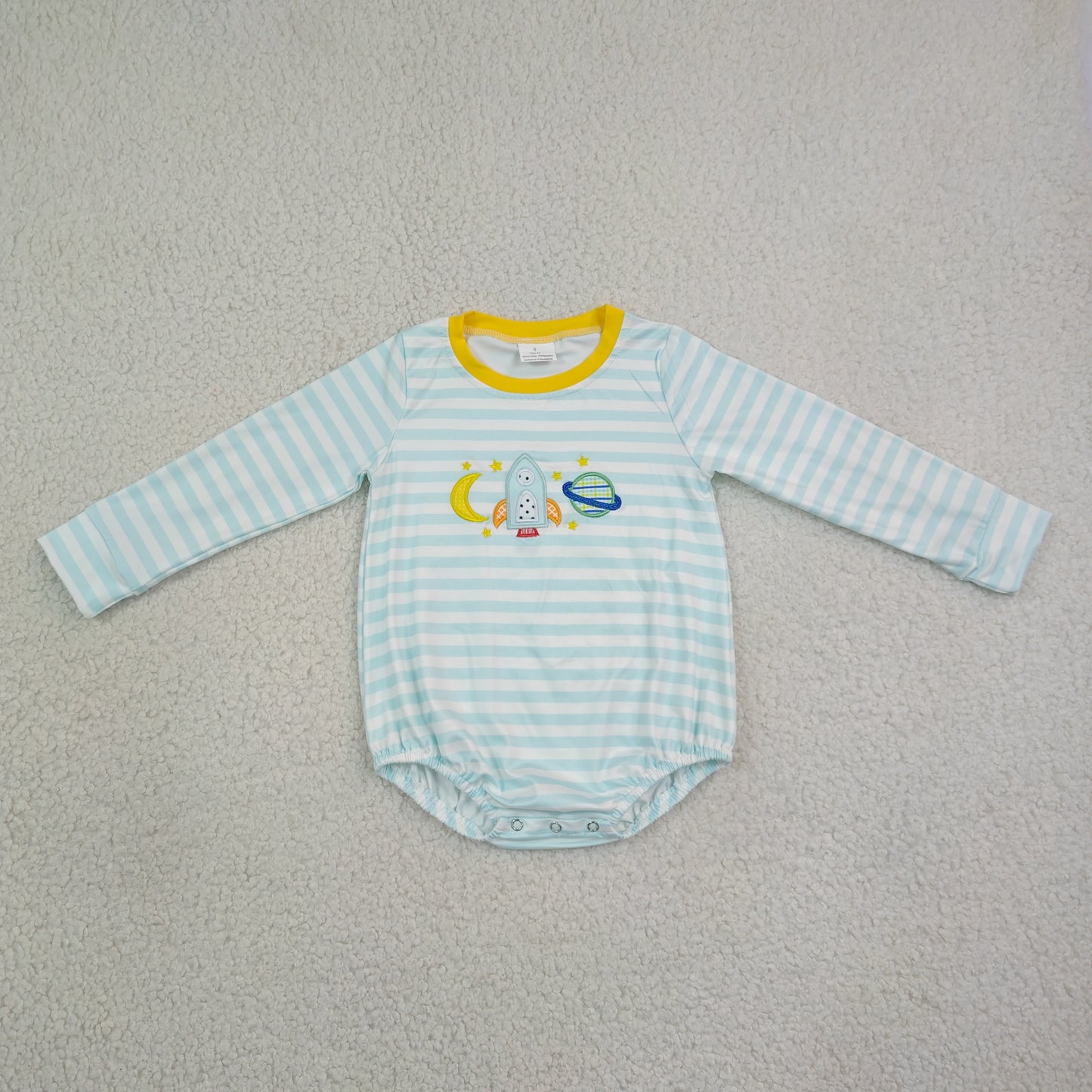 LR3063 Newborn Baby Embroidery Rocket Moons Boys Long Sleeve Blue Stripe Rompers