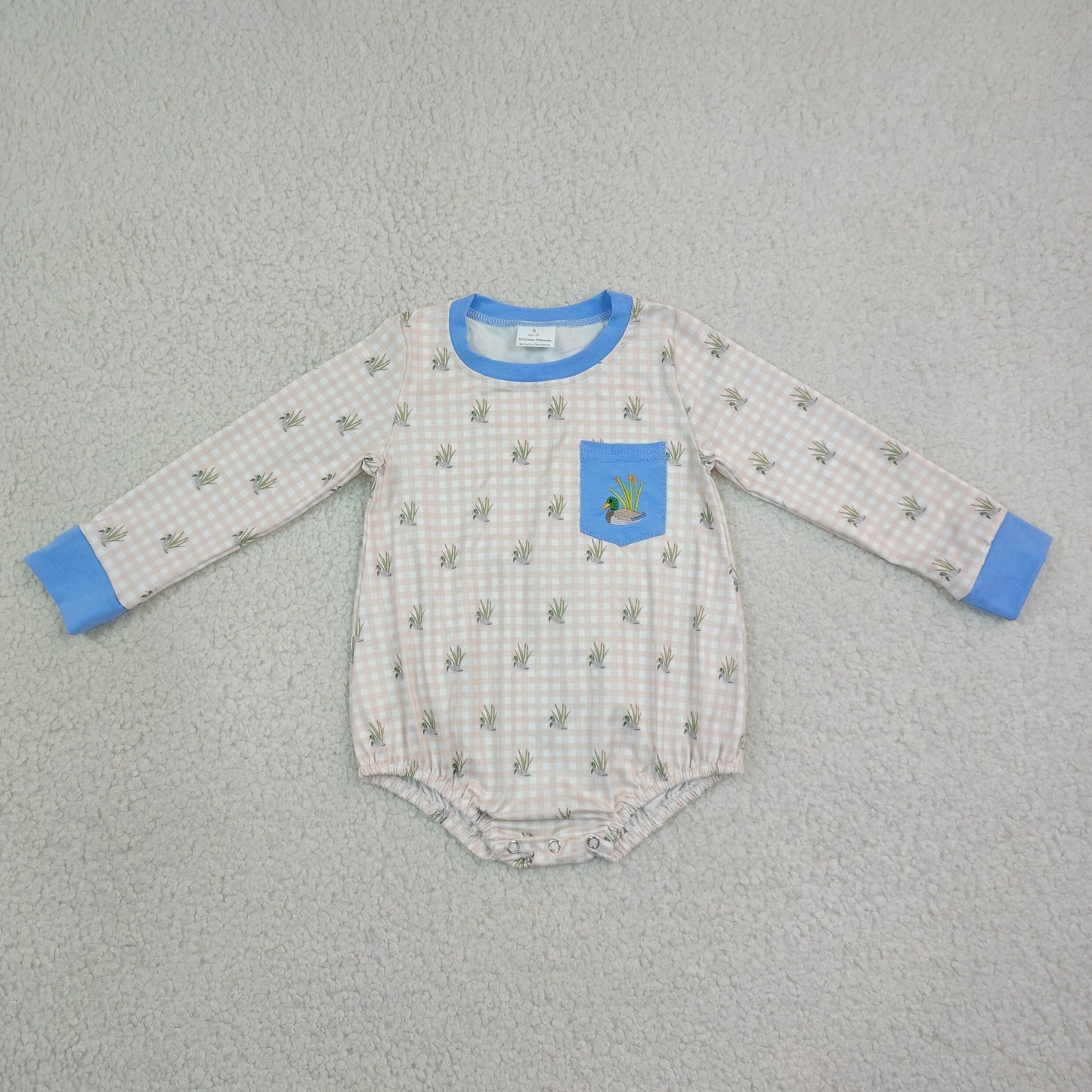 LR3002 Newborn Baby Embroidery Duck Pocket Boys Boys Long Sleeve Checkered Hunting Rompers