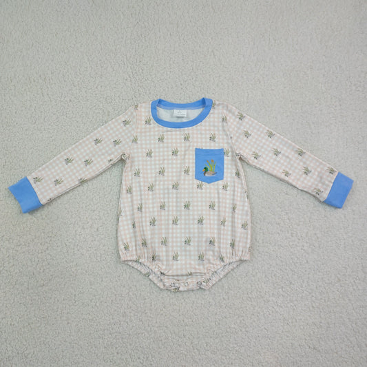 LR3002 Newborn Baby Embroidery Duck Pocket Boys Boys Long Sleeve Checkered Hunting Rompers