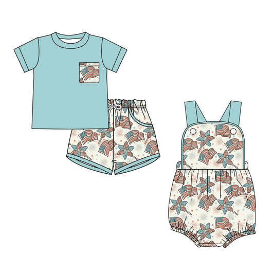 26.1.7 Custom MOQ:3 or 5 pcs each design milk silk Sibling baby boy clothes flag short sleeve shorts sets and romper