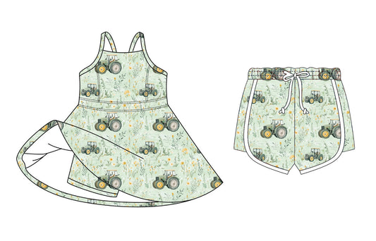 26.1.16 Custom (Moq 3 or 5) Sibling Baby Girl Tractor Flower Short Sleeve Dress Shorts Clothes