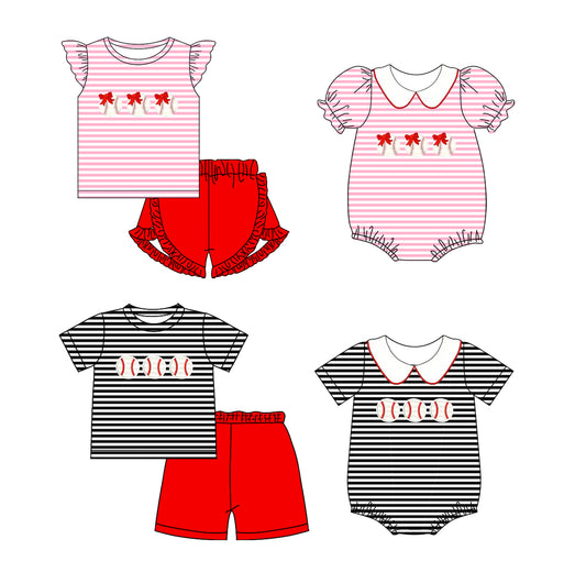 26.1.1 Custom MOQ:3 or 5 pcs each design milk silk Sibling baby girl boys clothes baseball bow short sleeve shorts sets 2 and romper 2