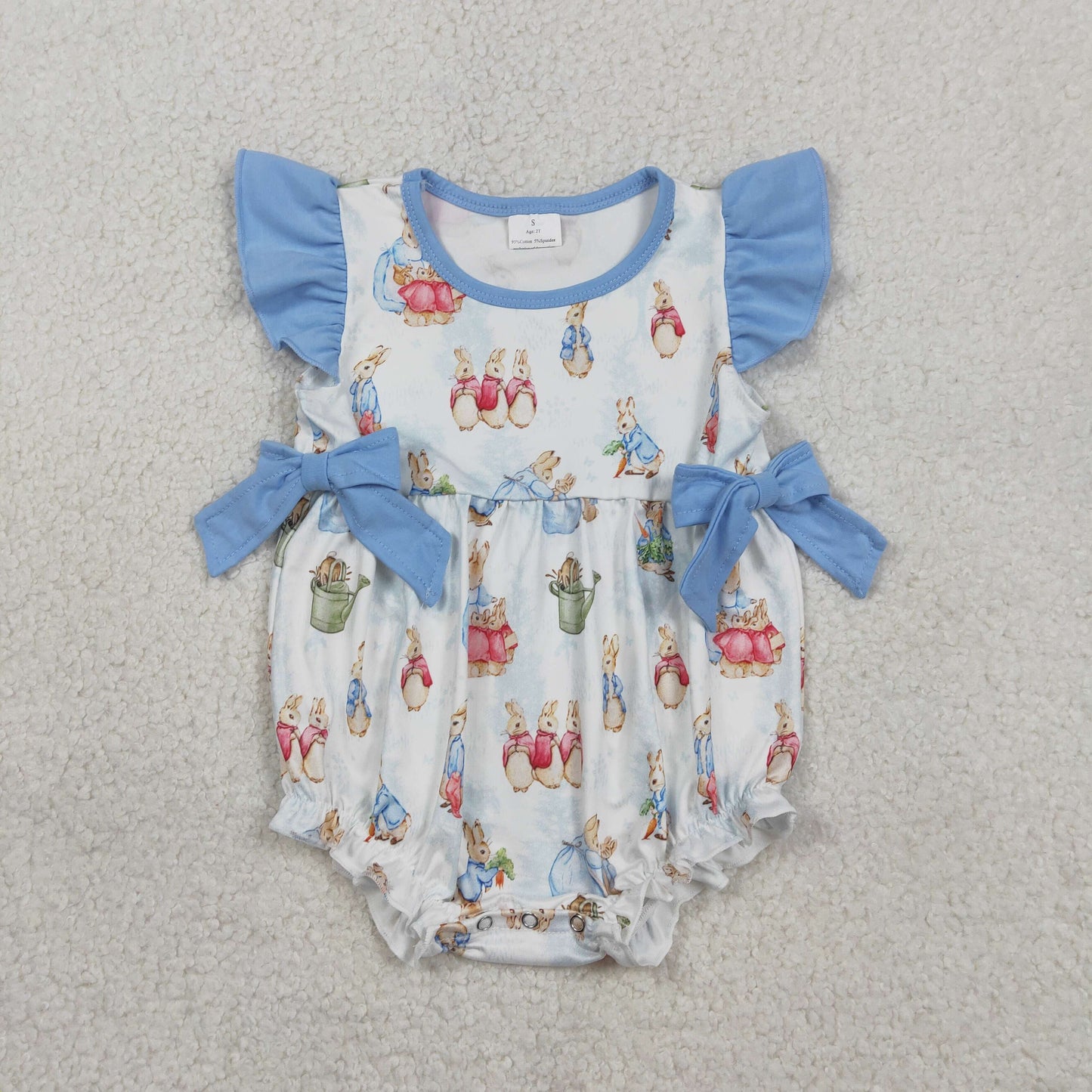 RTS NO MOQ（In Stock) SR3833 Easter Bunny Blue Bow White Vest Jumpsuit