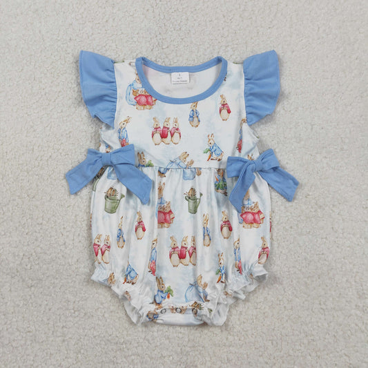 RTS NO MOQ(In Stock) SR3833 Easter Bunny Blue Bow White Vest Jumpsuit