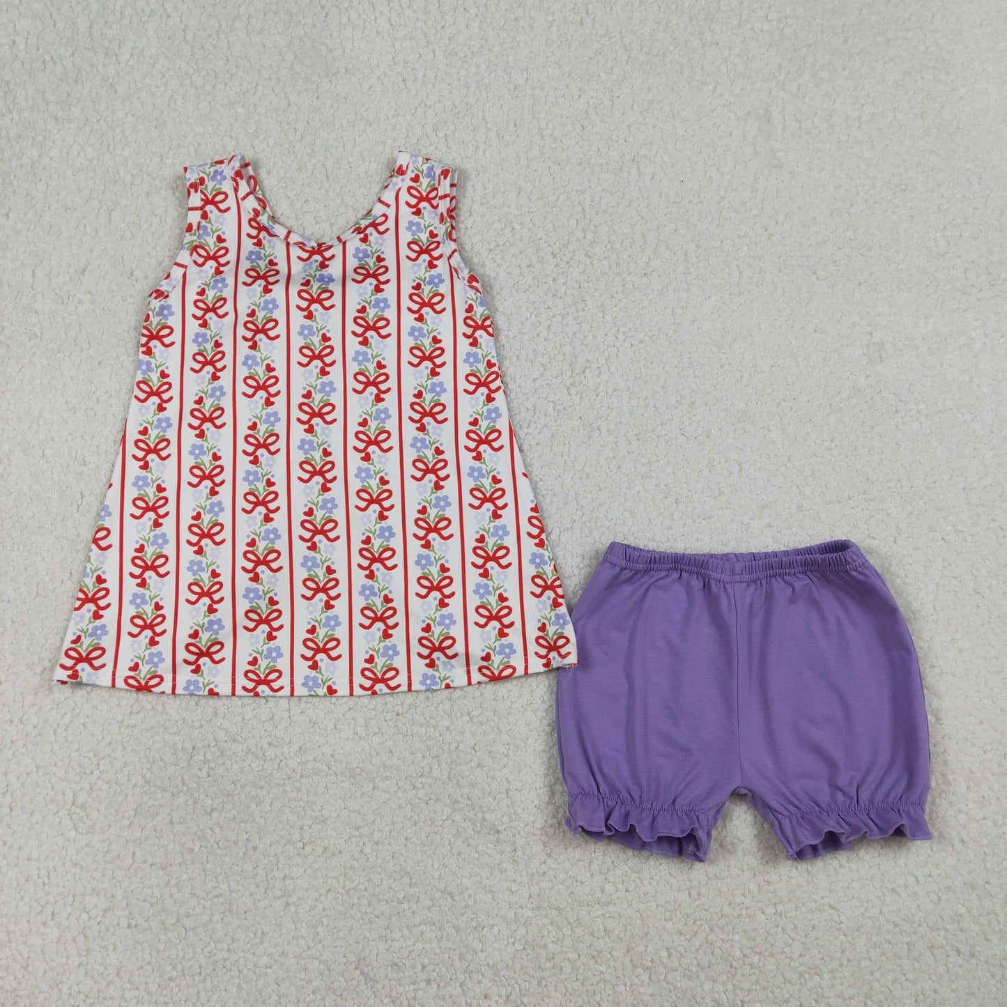 3/6m-6/7t RTS NO MOQ（In Stock) GSSO2785 Floral Heart Red Bow Pattern Vertical Striped Sleeveless Blue-Purple Shorts Set