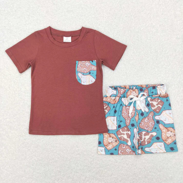 4.18 Sibling Baby Boys Western Cow Pocket Top Shorts Clothes Sets