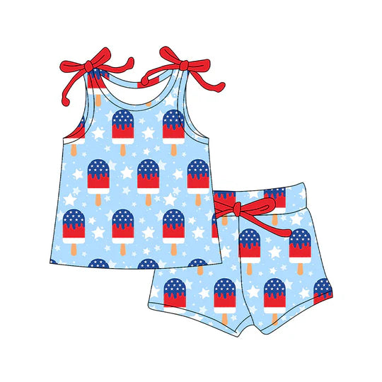 12.29 MOQ：5pcs GSSO3093 pre-order toddler girl clothes ice cream print girl 4th of July summer set