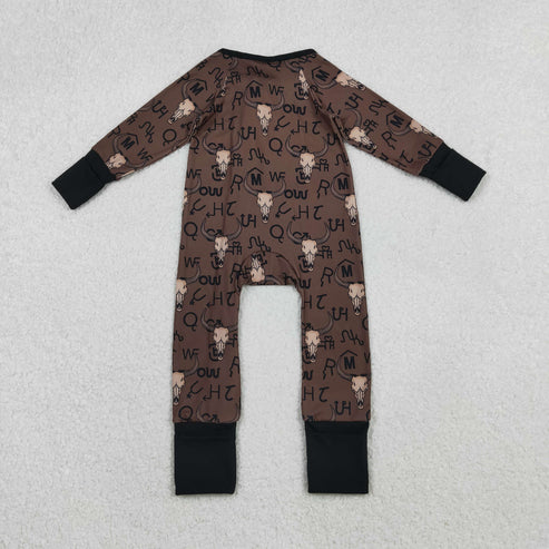 11.12 LR2591 Baby Boys Brown Bull Skulls Western Zipper Footie Romper