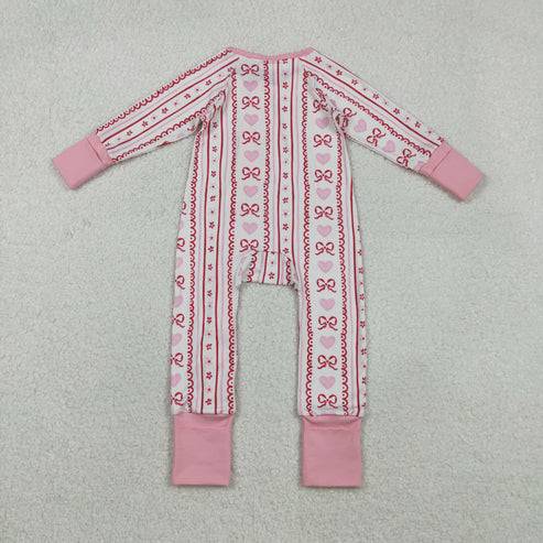 11.17 LR2781 Baby Girls Pink Bows Hearst Stripe Valentines Two Way Ruffle Zip Convertible Romper
