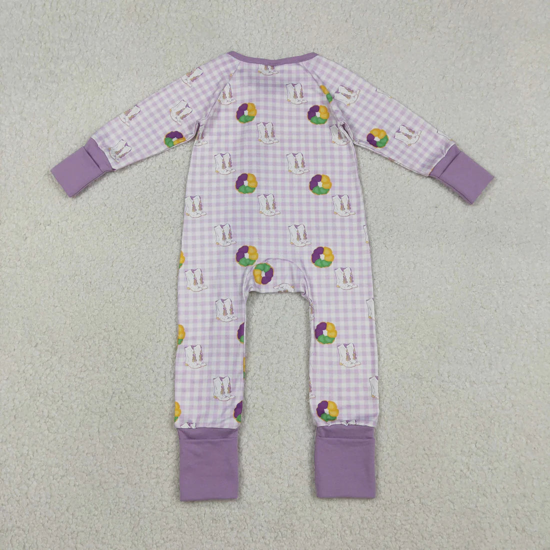 12.13 LR2783 Baby Girls Mardigras Boots Donuts Checked Two Way Ruffle Zip Convertible Romper