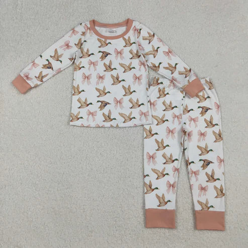 10.31 Sibling Baby Girls Pink Bows Ducks Plaid Top Pants Pajamas Sets Ruffle Zipper Footie Rompers