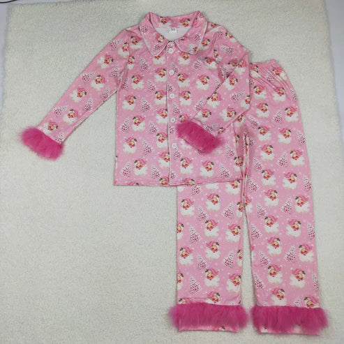 10.31 Mama and Me Pink Trees Santa Button Top Pants Christmas Fur Sleeve Pajamas Sets