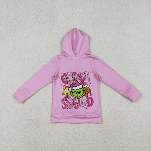 11.1 GT1142 Baby Girls Pink Christmas Green Faces Pocket Zipper Hoodies