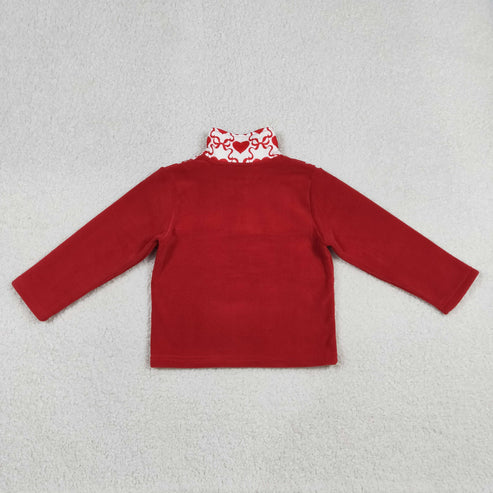 12.27 RTS NO MOQ（In Stock) Red Plush Zipper Long-Sleeve Top with Heart and Bow Design