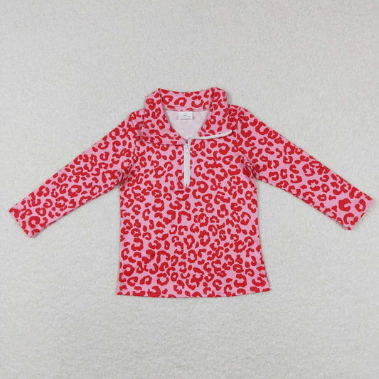 GT0414 Leopard print pink zip-up long-sleeved top