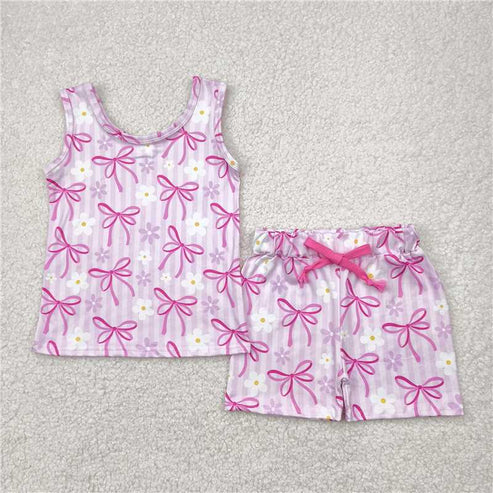 5.3 Sibling Baby Girls Sleeveless Bows Dogs Flowers Top Short With Belt Sets