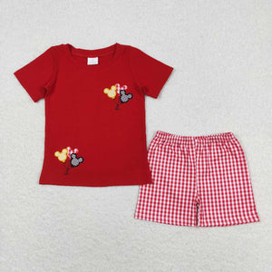 BSSO0652 Embroidered cartoon balloon red short-sleeved plaid shorts set