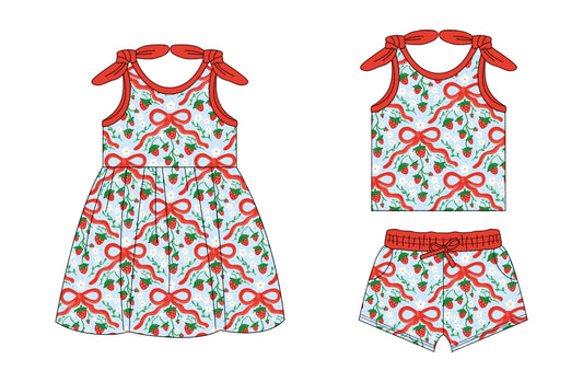 26.1.14 Custom MOQ:3 or 5 pcs each design milk silk Sibling baby girl clothes strawberry bow short sleeve shorts sets and dress