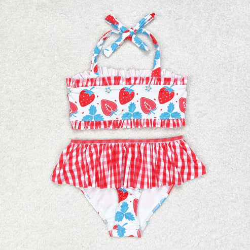 S0316 Strawberry red check lace bathing suit