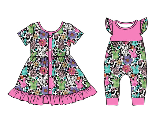 26.1.15 Custom MOQ:3 or 5 pcs each design milk silk Sibling baby girl clothes floral short sleeve dress and romper