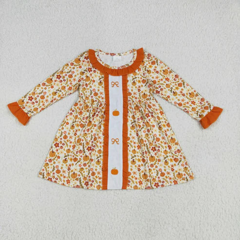 6.26 Sibling Embroidery Baby Girls Fall Bows Pumpkins Tunic Pants Set Knee Length Dress Rompers