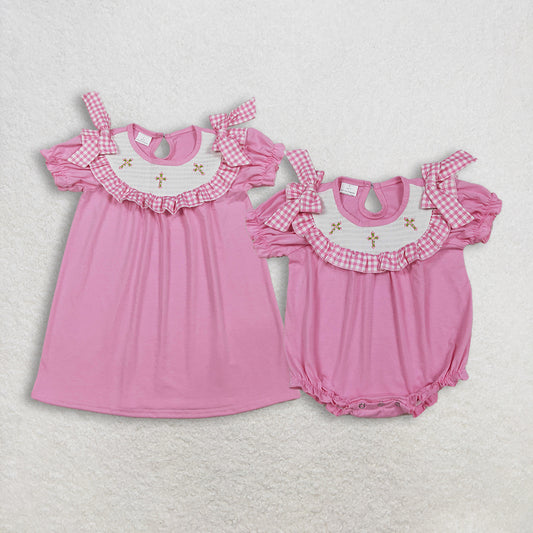 Sibling Baby girl clothes Embroidery smocked easter short sleeve dress and Rompers