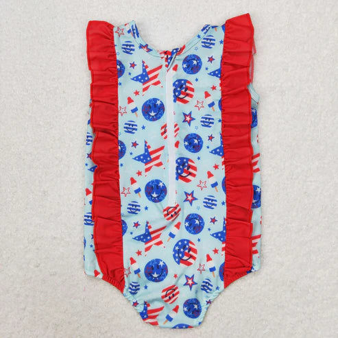 S0433 4th of July National Day Stars striped Popsicle lace blue one-piece swimsuit