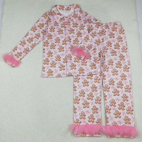 10.31 Mama and Me Pink Bows Gingerbread Button Top Pants Christmas Fur Pajamas Sets