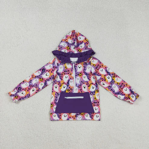 11.1 Sibling Baby Girls Colorful Patchwork Ghosts Pocket Zipper Halloween Hoodies Top