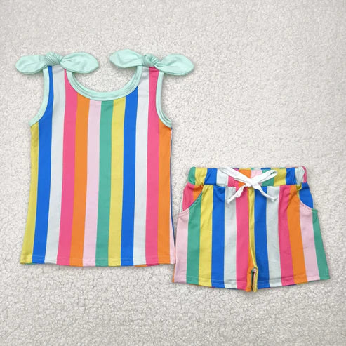 5.3 Sibling Baby Girls Sleeveless Colorful Stripe Bows Top Shorts Sets