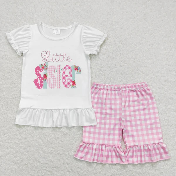 5.27 Sibling Baby Girls Little Big Sister Tee Shirts Ruffle Plaid Shorts Clothes Sets