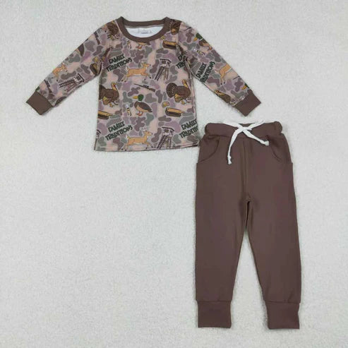11.1 Sibling Baby Boys Brown Turkey Ducks Camo Top Pockets Pant Hunting Clothes Sets Rompers